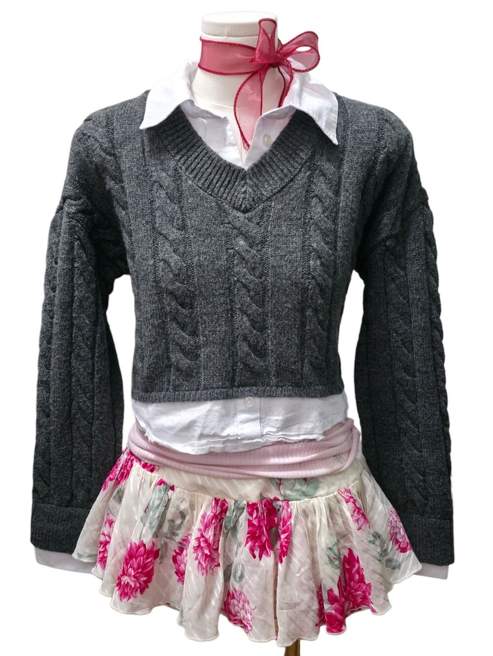 Pilcro double layered grey cable knit vneck cropped sweater with collared top